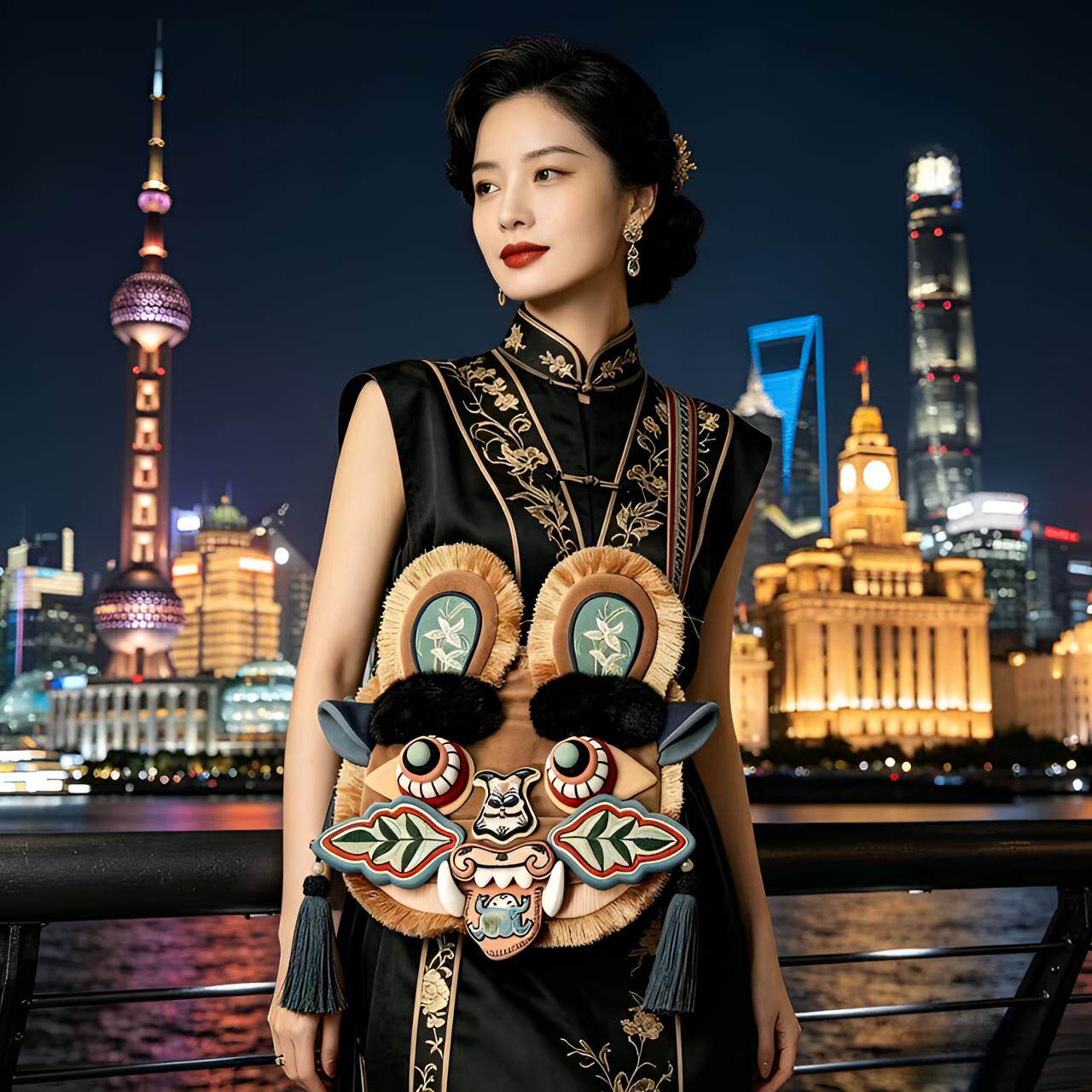 Chinese folk art intangible cultural heritage tiger head crossbody bag
